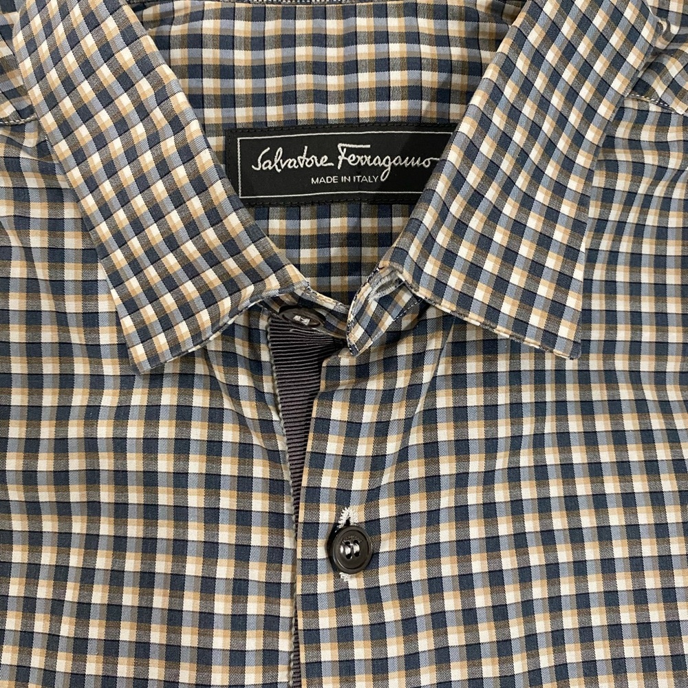 Salvatore Ferragamo Men's Plaid Shirt - Navy and Beige